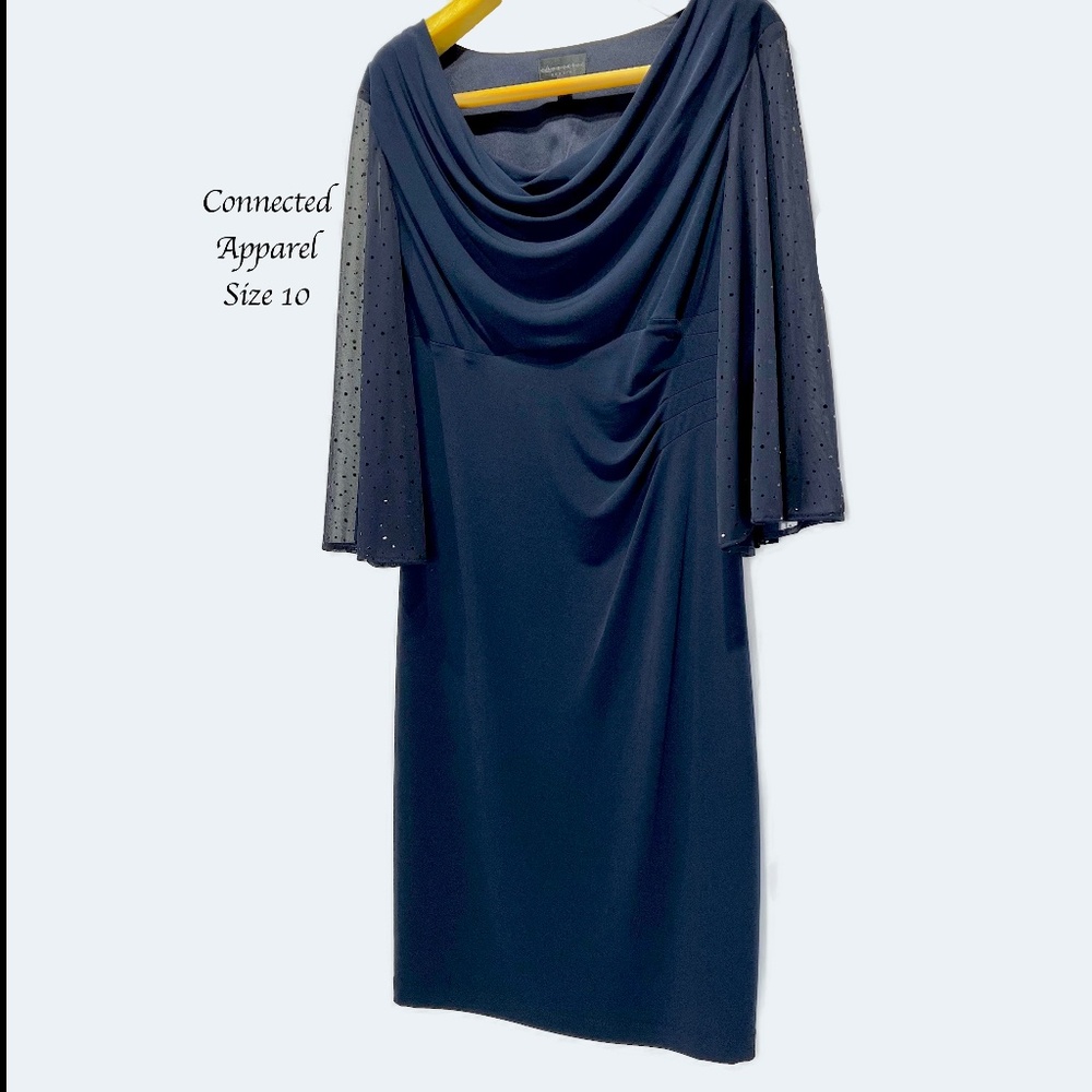 Connected Dress semi formal classic navy draping at neckline, waist, sleeves - Picture 9 of 12